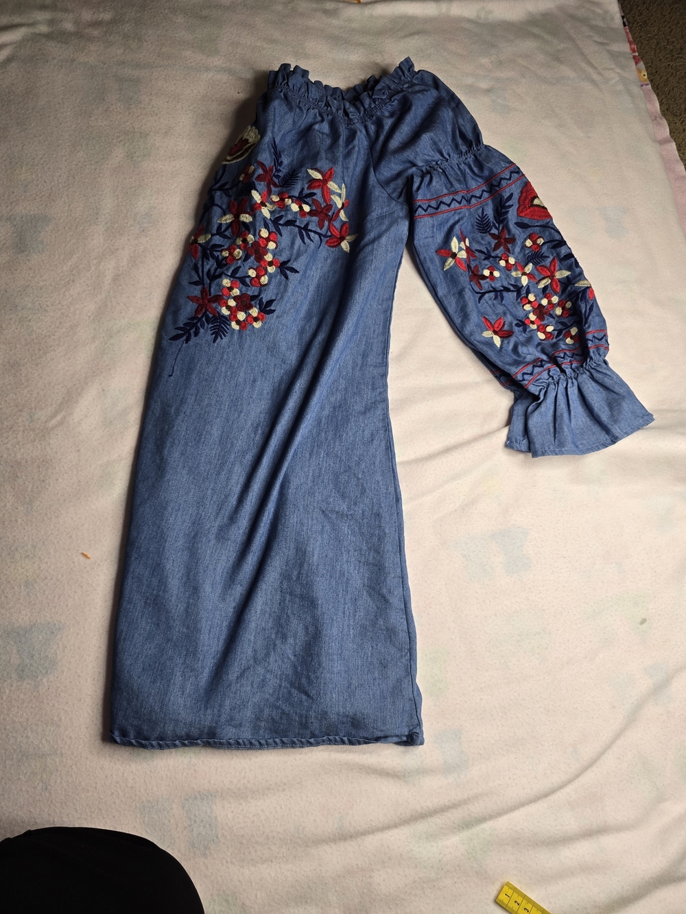 Embroidered Off-Shoulder Mini Dress in Denim Blue - Picture 7 of 8